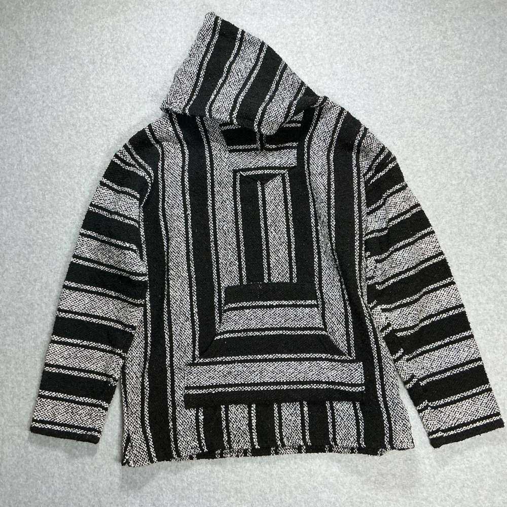 Canyon Creek Baja Hoodie Mens XL Black White Striped Woven Mexican Pullover